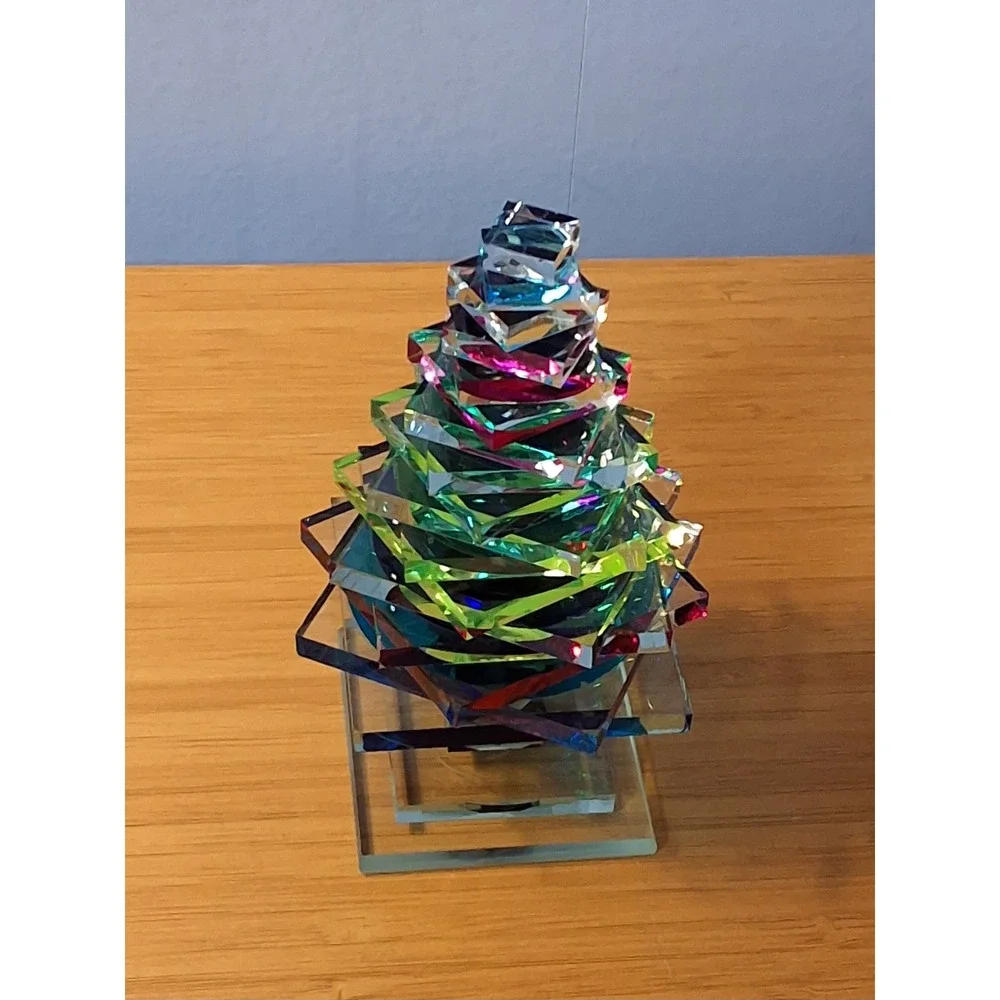 M+J G Signed Dichroic Art Glass Christmas Tree Figurine Iridescent